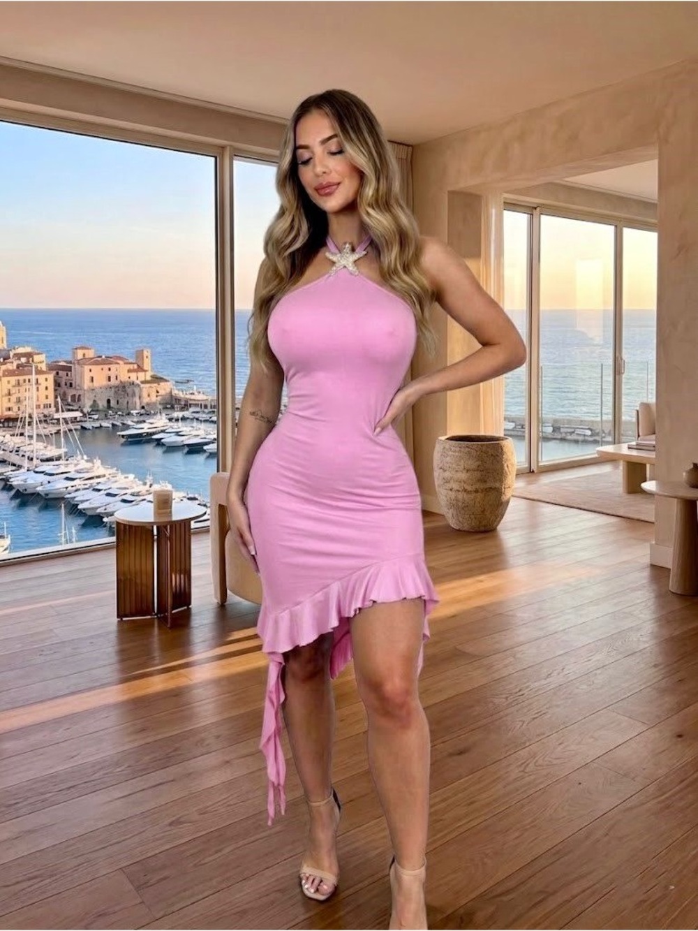 Halter Neck Asymmetrical Ruffle Dress in Pink